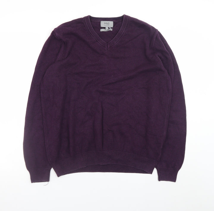 Marks and Spencer Men's Purple Cotton V-Neck Jumper Size L