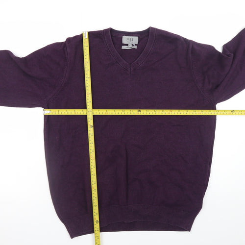 Marks and Spencer Men's Purple Cotton V-Neck Jumper Size L