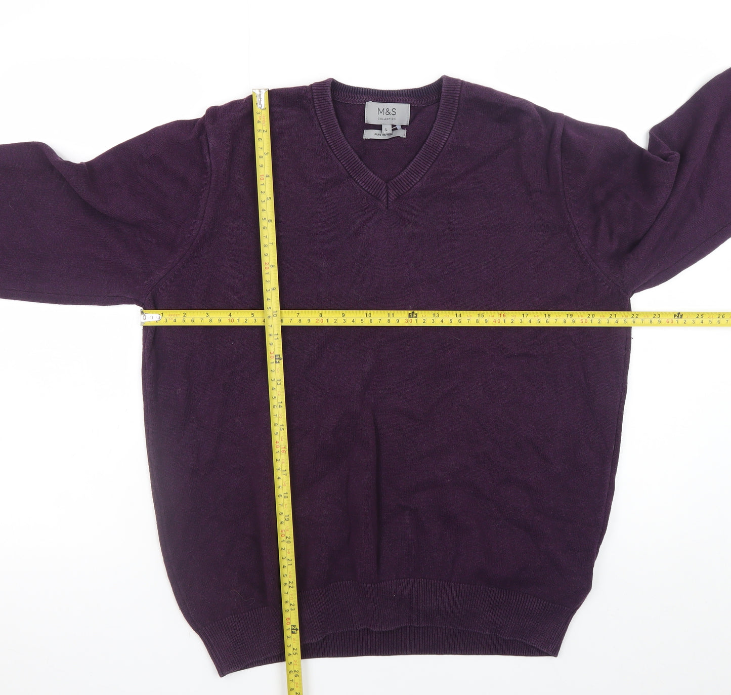 Marks and Spencer Men's Purple Cotton V-Neck Jumper Size L
