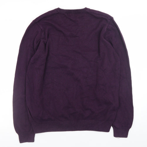 Marks and Spencer Men's Purple Cotton V-Neck Jumper Size L