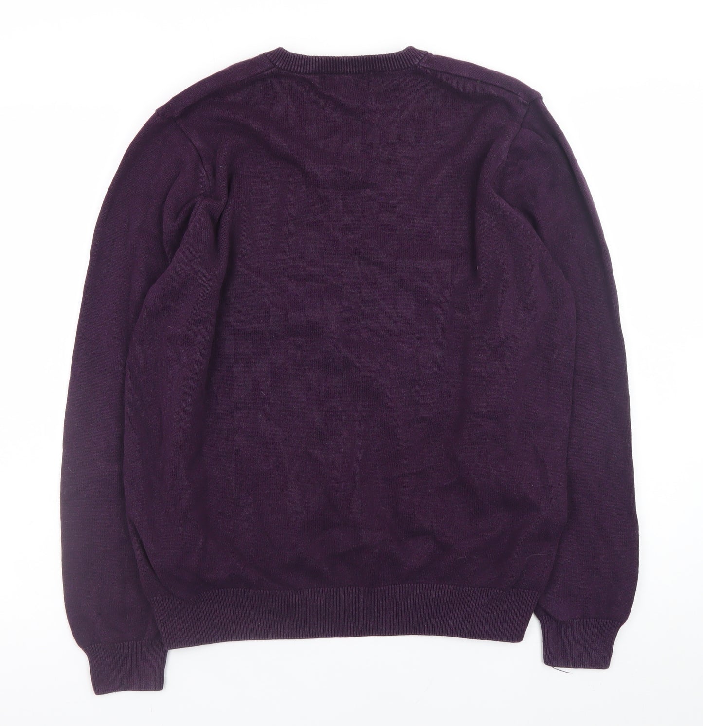 Marks and Spencer Men's Purple Cotton V-Neck Jumper Size L