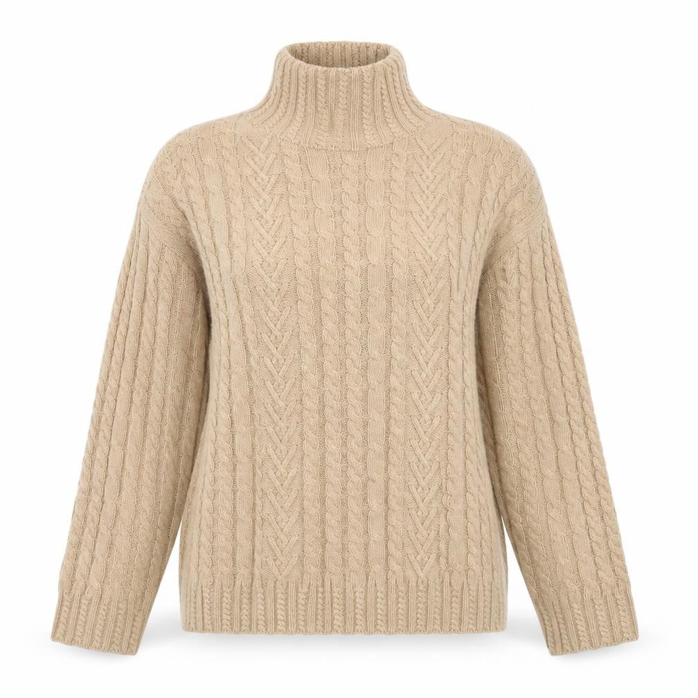 Front view of Marks & Spencer Women Beige Roll Neck Cable-Knit Jumper, size M