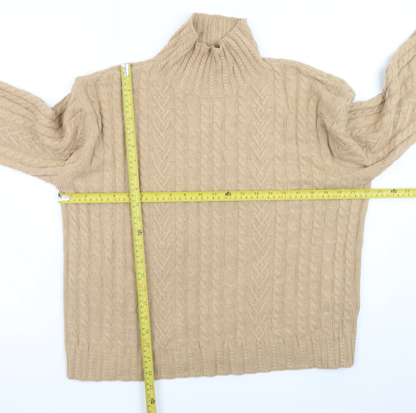 Marks and Spencer Women Beige Roll Neck Cable-Knit Jumper Size M