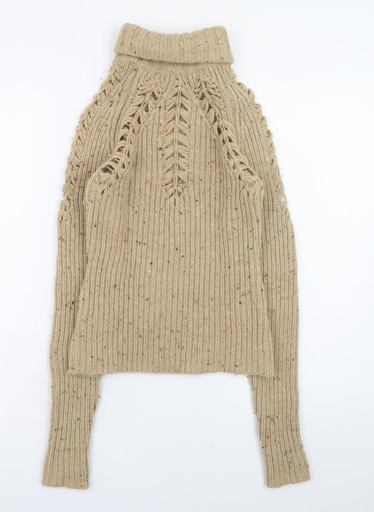 MNG Women Beige Wool Blend Turtleneck Open-Knit Jumper Size M