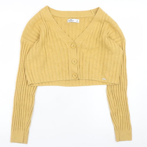 Hollister Women Yellow V-Neck Ribbed Knit Cardigan Jumper Size S