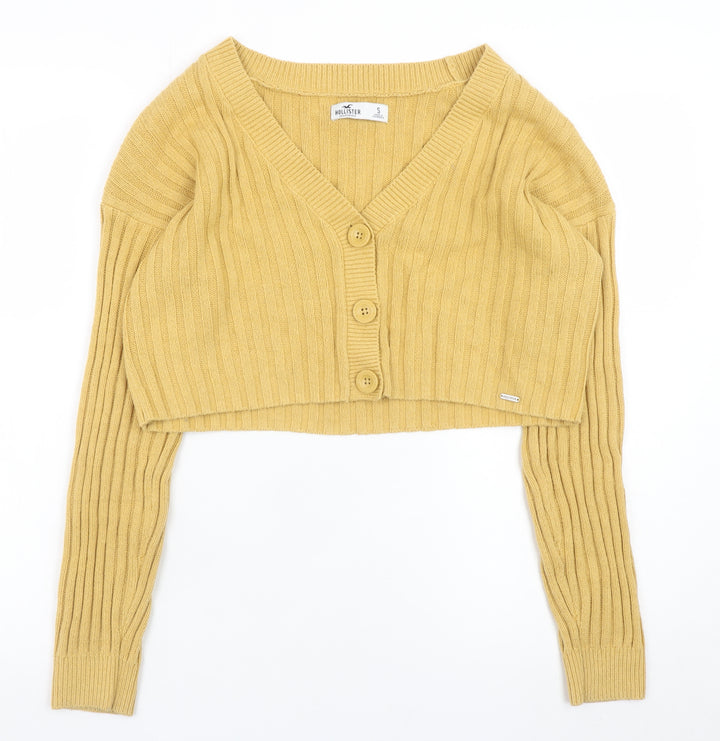 Hollister Women Yellow V-Neck Ribbed Knit Cardigan Jumper Size S
