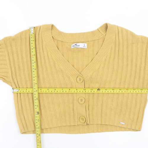 Hollister Women Yellow V-Neck Ribbed Knit Cardigan Jumper Size S