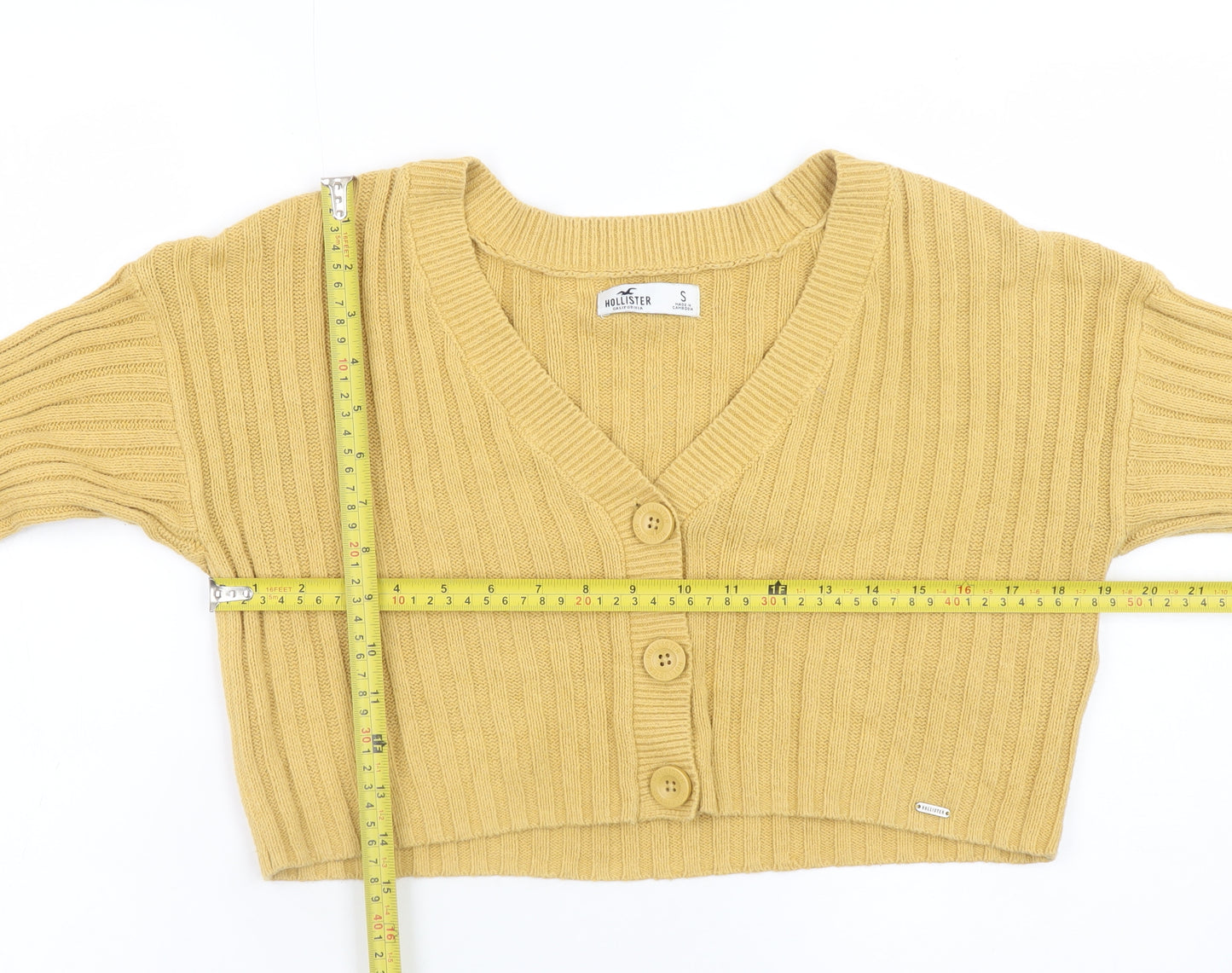 Hollister Women Yellow V-Neck Ribbed Knit Cardigan Jumper Size S