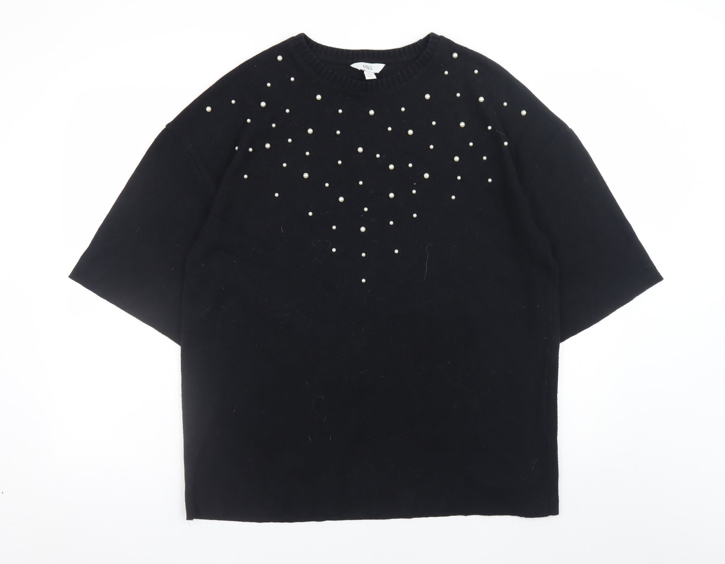 Marks and Spencer Women Black Pearl Beaded Short Sleeve Jumper Size 14