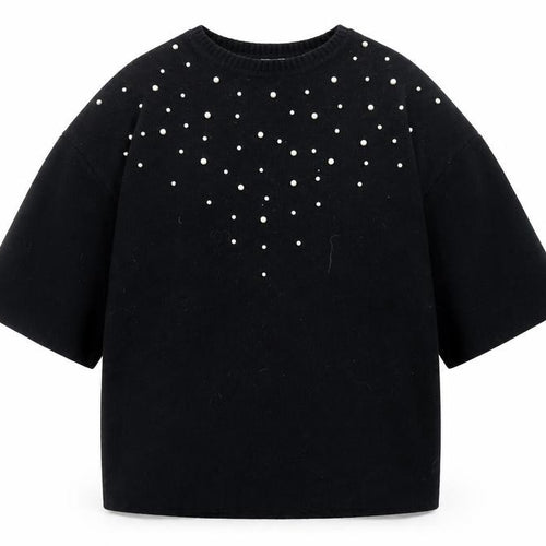 Marks and Spencer Women Black Pearl Beaded Short Sleeve Jumper Size 14