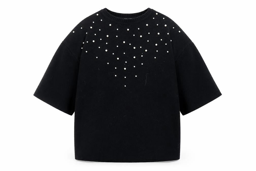 Marks and Spencer Women Black Pearl Beaded Short Sleeve Jumper Size 14