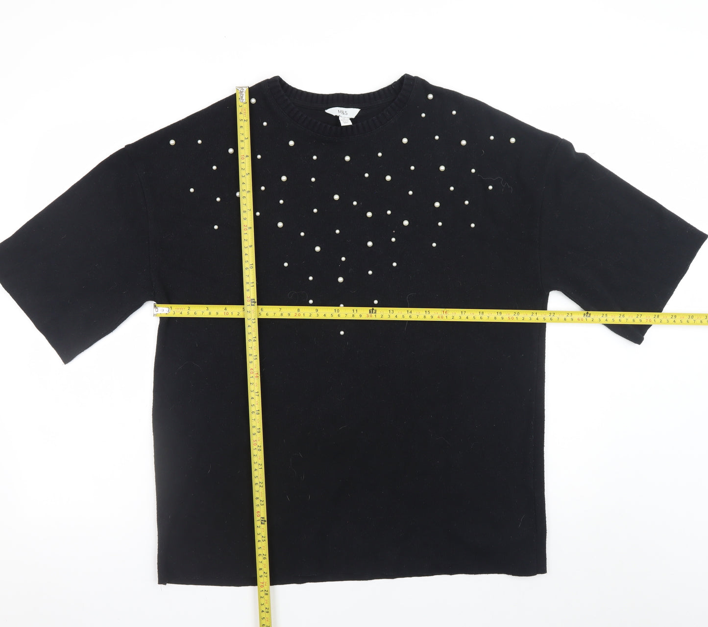 Marks and Spencer Women Black Pearl Beaded Short Sleeve Jumper Size 14