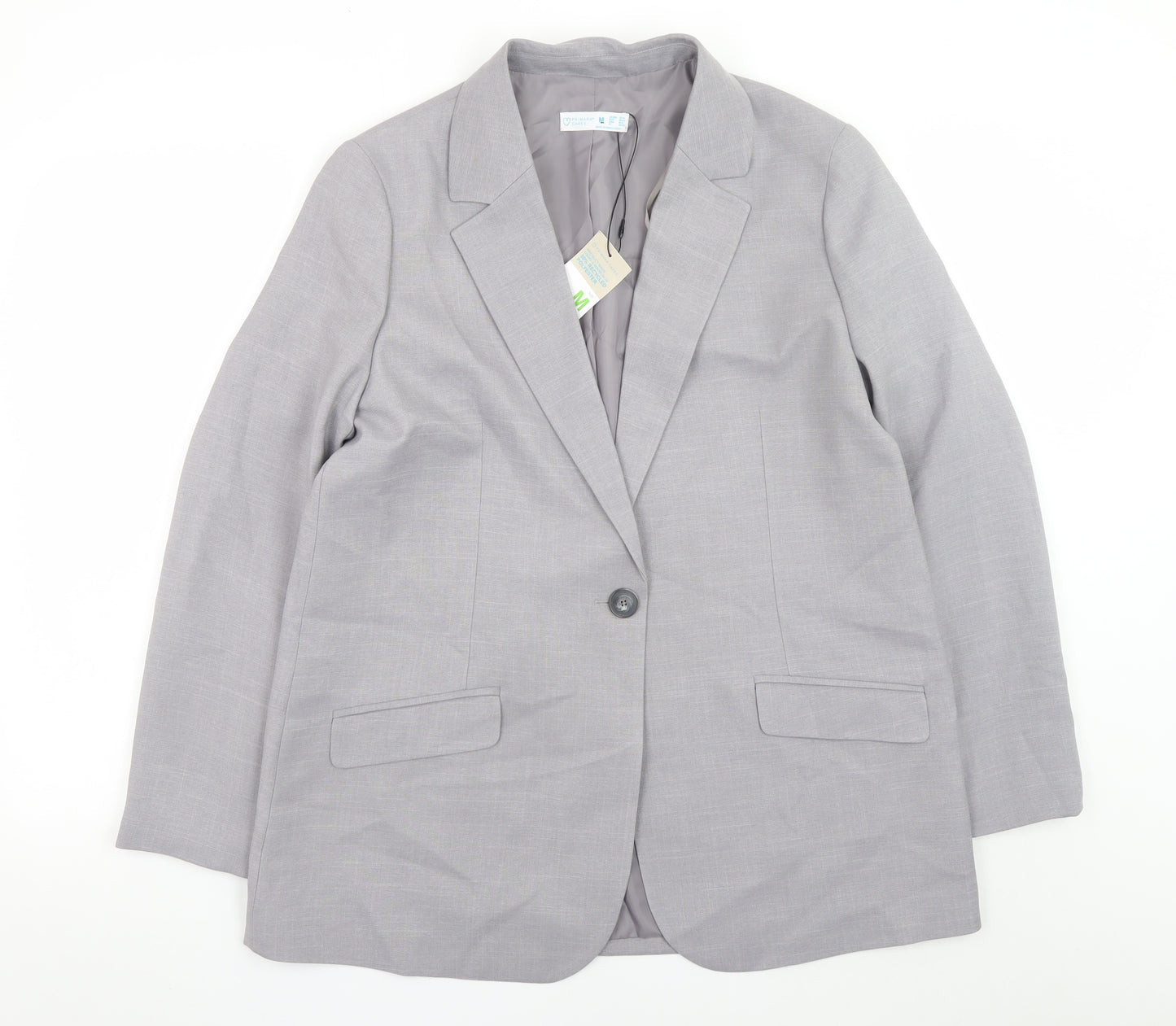 Primark Women's Grey Blazer Size 12 Regular Fit Single-Breasted Jacket