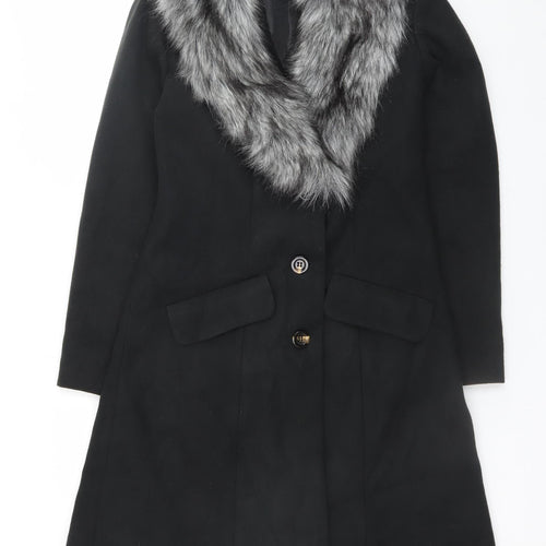bpc selection Women Black Faux Fur Collar Long Overcoat Size 10
