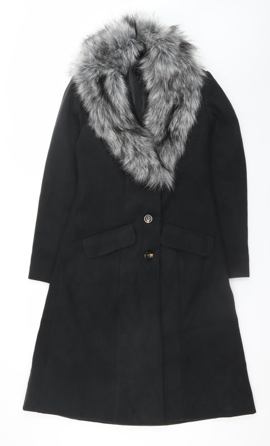 bpc selection Women Black Faux Fur Collar Long Overcoat Size 10