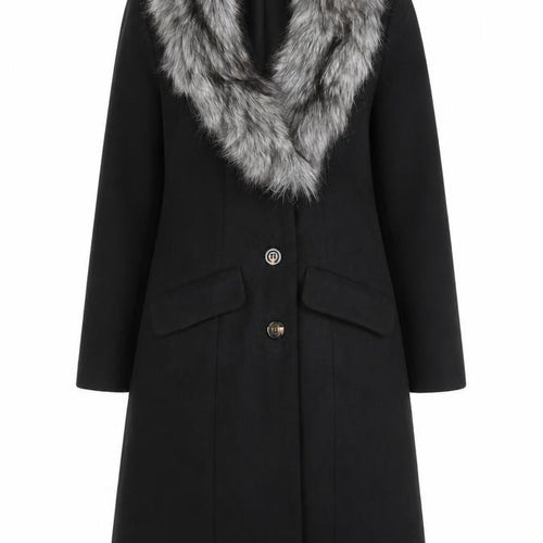 bpc selection Women Black Faux Fur Collar Long Overcoat Size 10