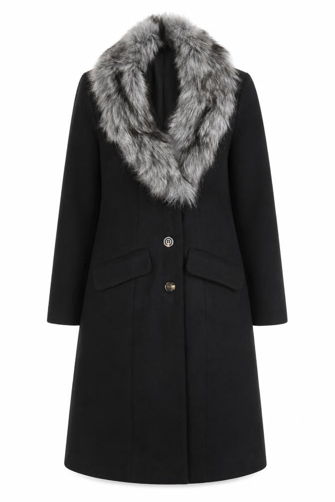 bpc selection Women Black Faux Fur Collar Long Overcoat Size 10
