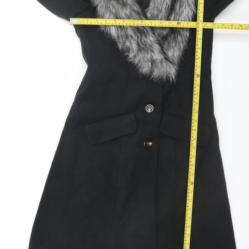 bpc selection Women Black Faux Fur Collar Long Overcoat Size 10