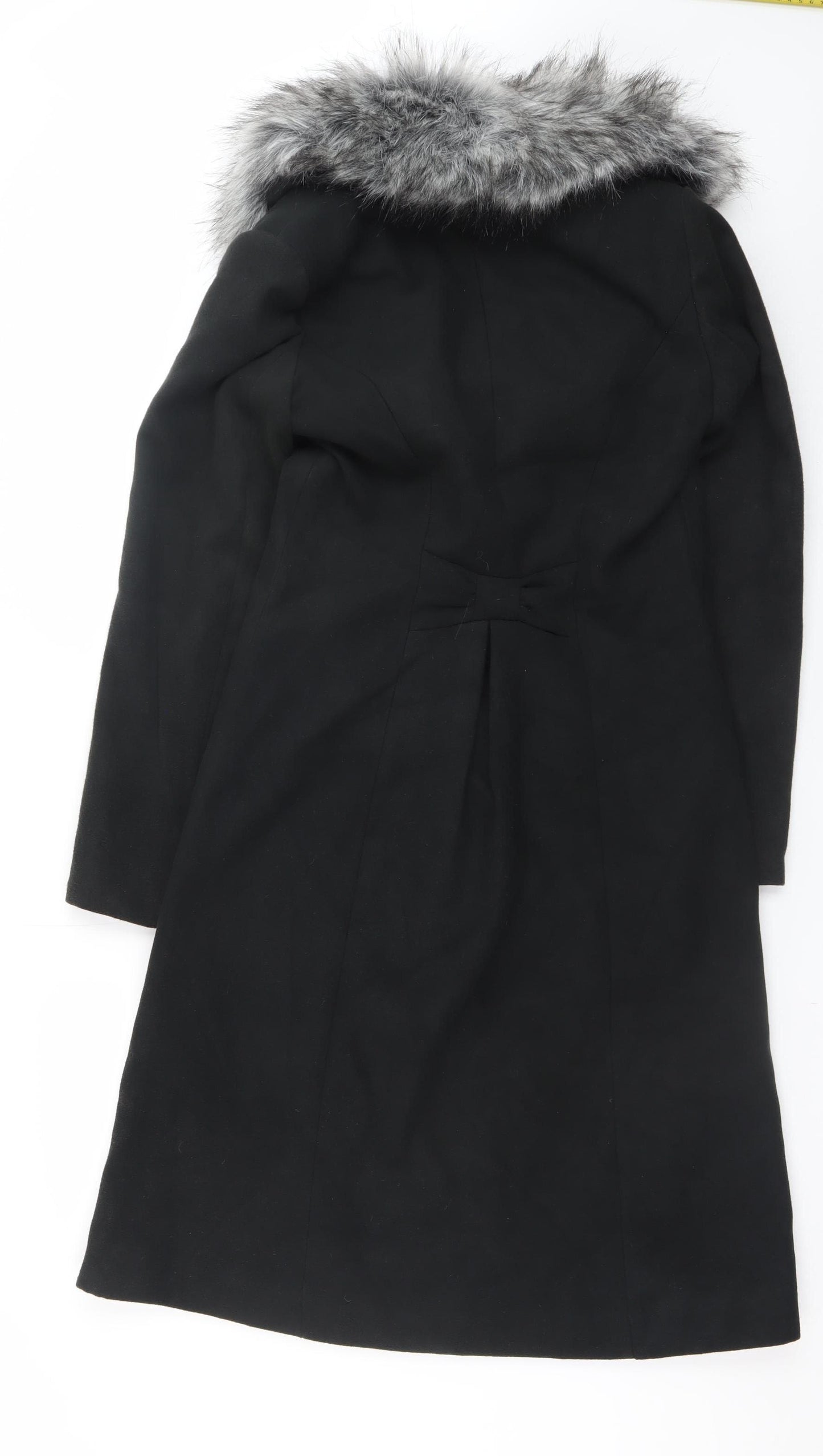 bpc selection Women Black Faux Fur Collar Long Overcoat Size 10