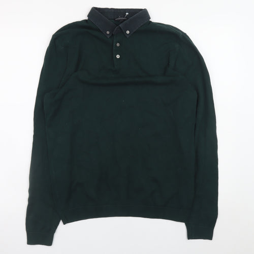 Next Mens Green Long Sleeve Polo Shirt Medium Cotton Blend