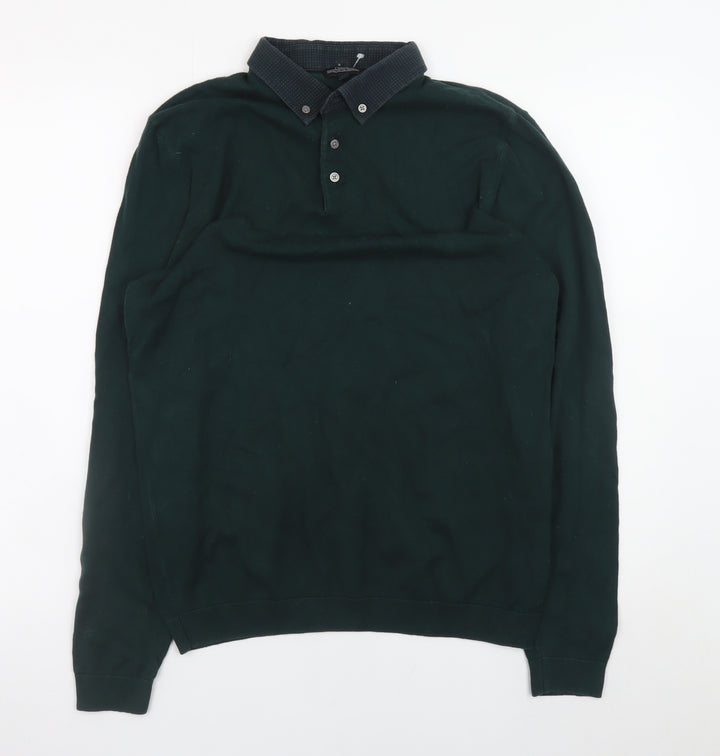 Next Mens Green Long Sleeve Polo Shirt Medium Cotton Blend