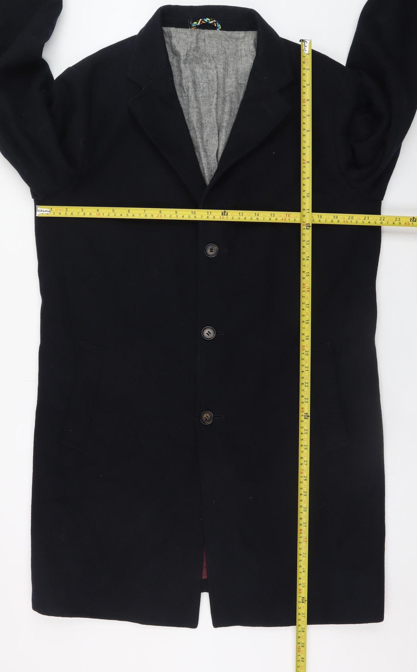 HYMN Men’s Black Wool Blend Mid-Length Overcoat L