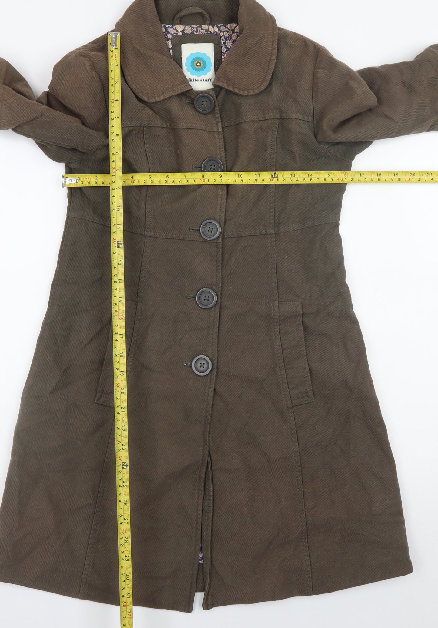 White Stuff Women's Brown Cotton Trench Coat Size 8 Long Sleeve