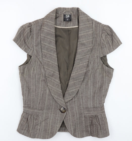 Bay Women Brown Striped Linen Blend Short Sleeve Button Tunic Blouse Size 10
