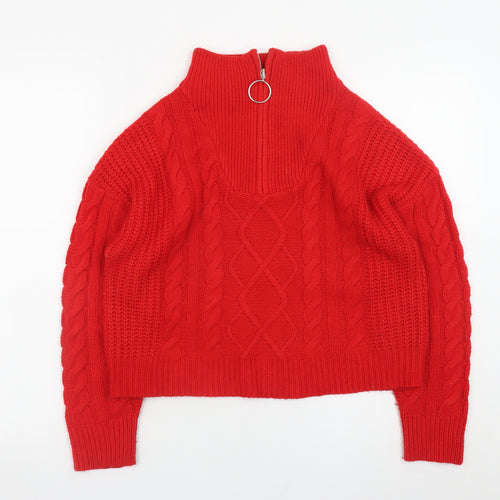 Brave Soul Women's Red Cable-Knit High Neck Zip Jumper Size 12