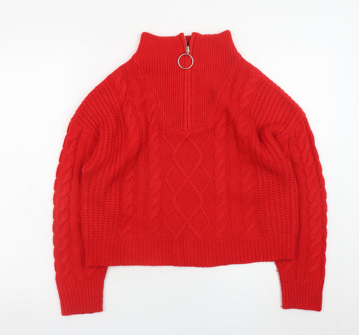 Brave Soul Women's Red Cable-Knit High Neck Zip Jumper Size 12