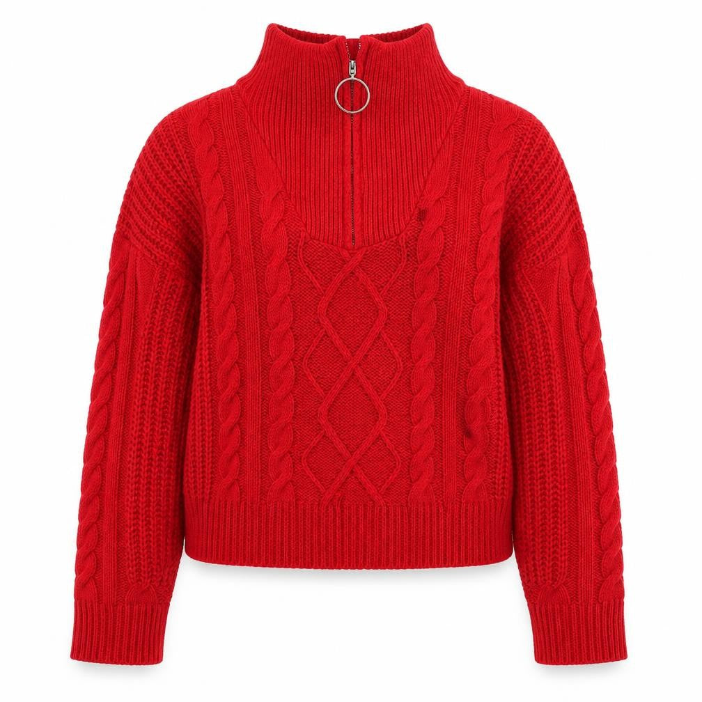 Brave Soul Women's Red Cable-Knit High Neck Zip Jumper Size 12