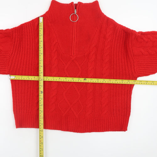 Brave Soul Women's Red Cable-Knit High Neck Zip Jumper Size 12