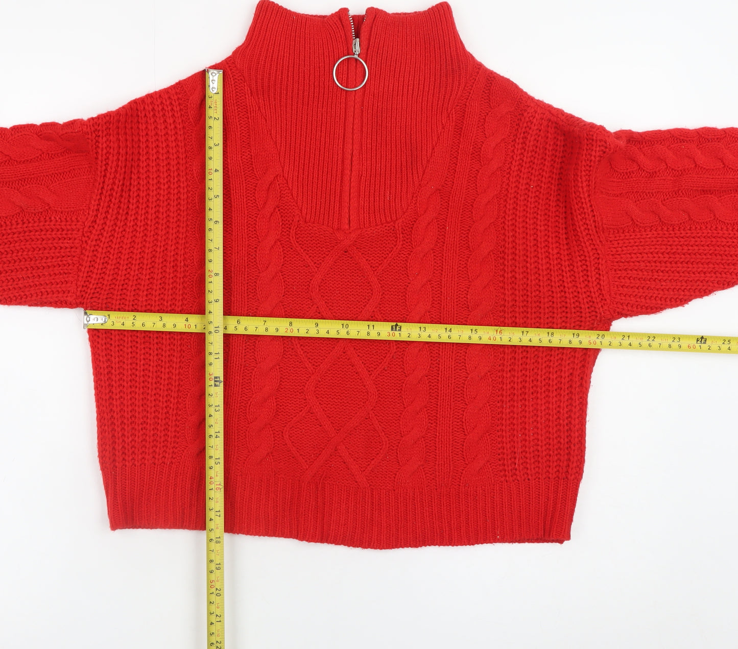 Brave Soul Women's Red Cable-Knit High Neck Zip Jumper Size 12
