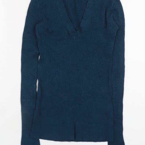 Editor's Cut Women's Blue V-Neck Ribbed Long Sleeve Pullover Jumper Size 6