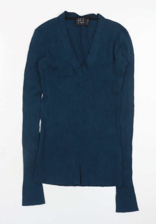 Editor's Cut Women's Blue V-Neck Ribbed Long Sleeve Pullover Jumper Size 6