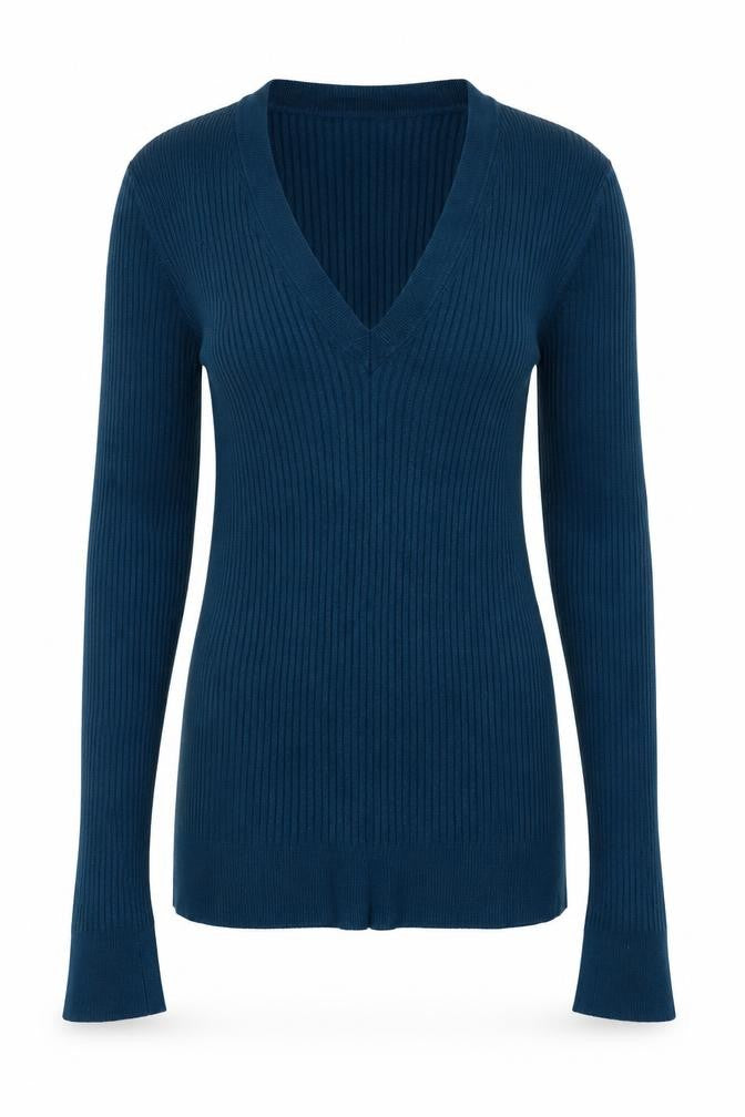 Front view of Editor's Cut Women's Blue V-Neck Ribbed Long Sleeve jumper, size 6