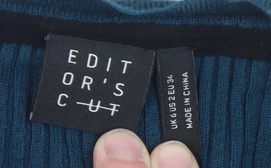 Editor's Cut Women's Blue V-Neck Ribbed Long Sleeve Pullover Jumper Size 6