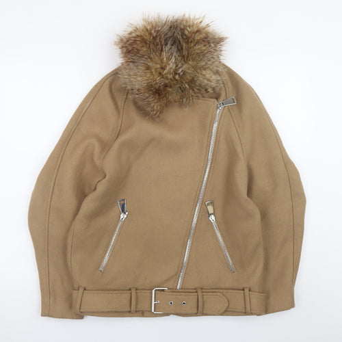 H&M Women Beige Wool Blend Biker Jacket Size 8 with Fur Collar