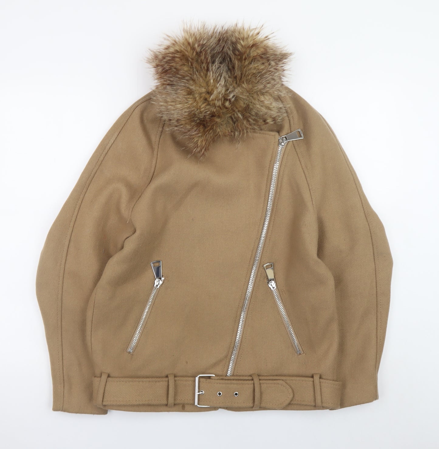 H&M Women Beige Wool Blend Biker Jacket Size 8 with Fur Collar