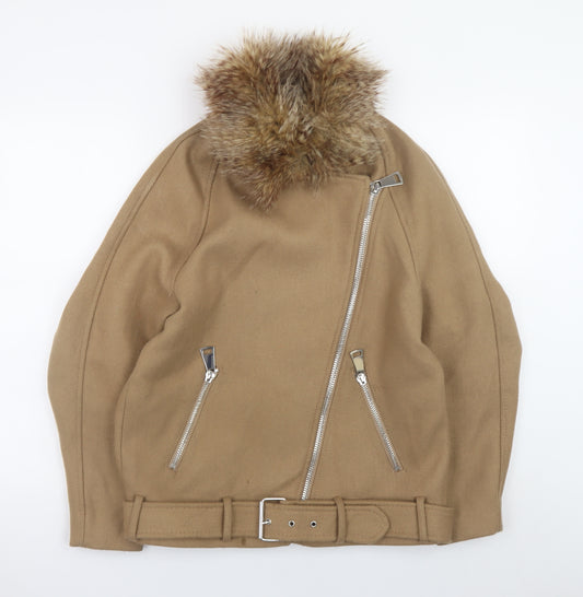 H&M Women Beige Wool Blend Biker Jacket Size 8 with Fur Collar