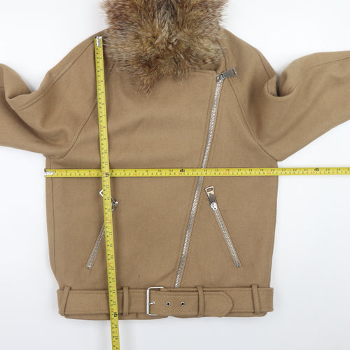 H&M Women Beige Wool Blend Biker Jacket Size 8 with Fur Collar