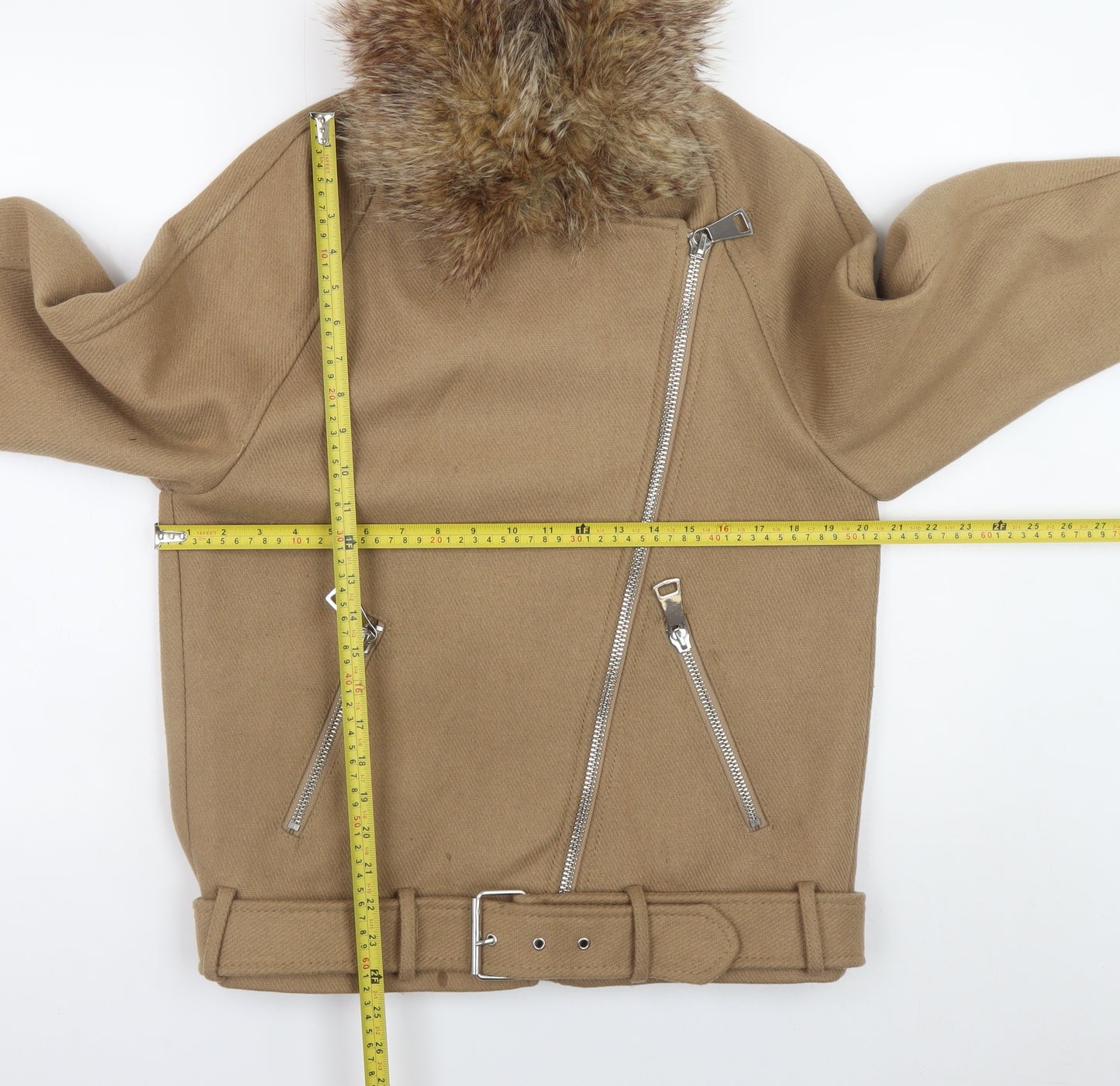 H&M Women Beige Wool Blend Biker Jacket Size 8 with Fur Collar