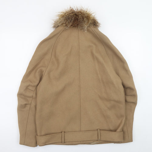 H&M Women Beige Wool Blend Biker Jacket Size 8 with Fur Collar