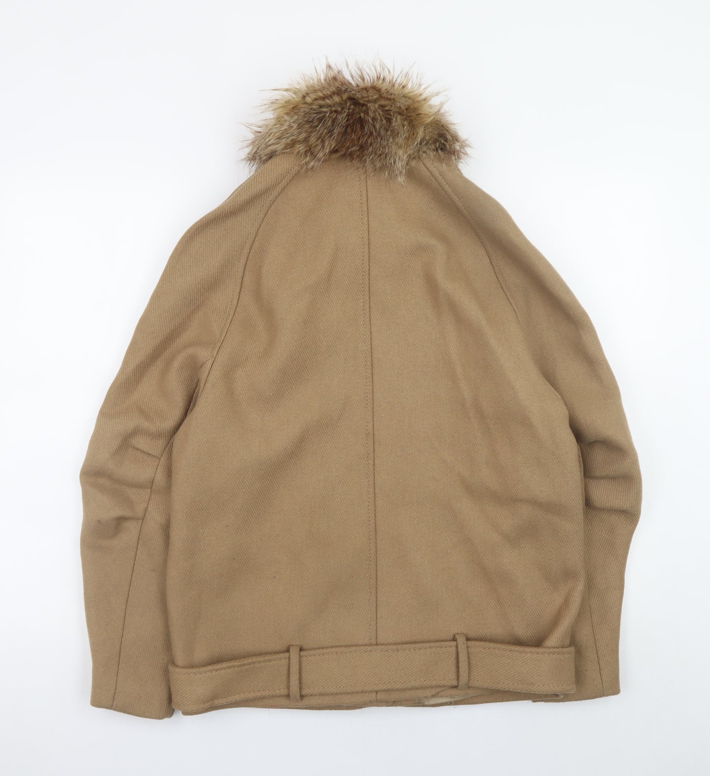 H&M Women Beige Wool Blend Biker Jacket Size 8 with Fur Collar