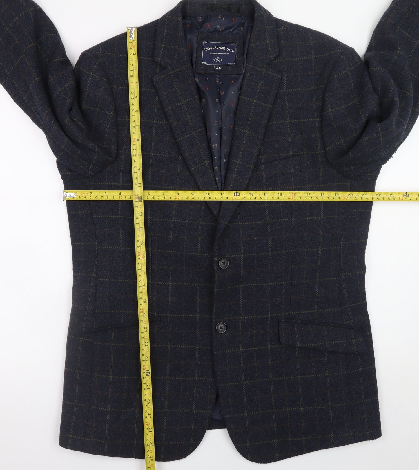 Tokyo Laundry Men's Blue Checked Wool Blend Blazer Size 44 Regular Fit