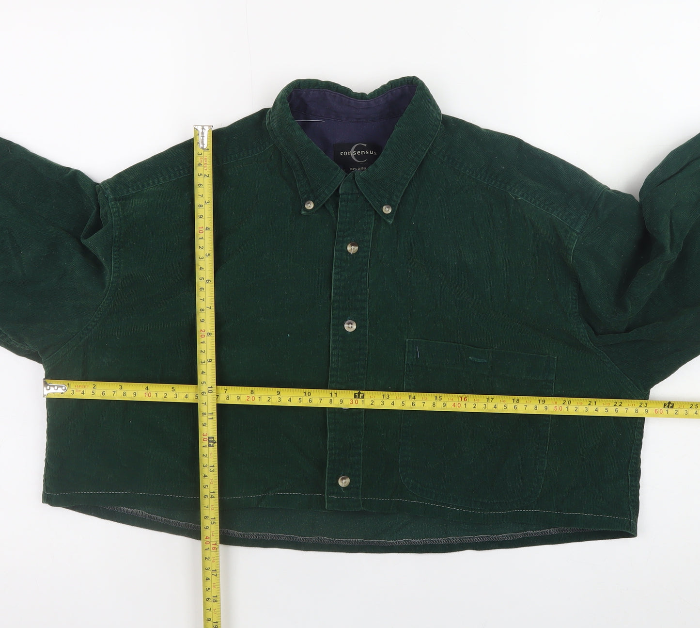 Consensus Women's Green Cropped Corduroy Button-Up Shirt M