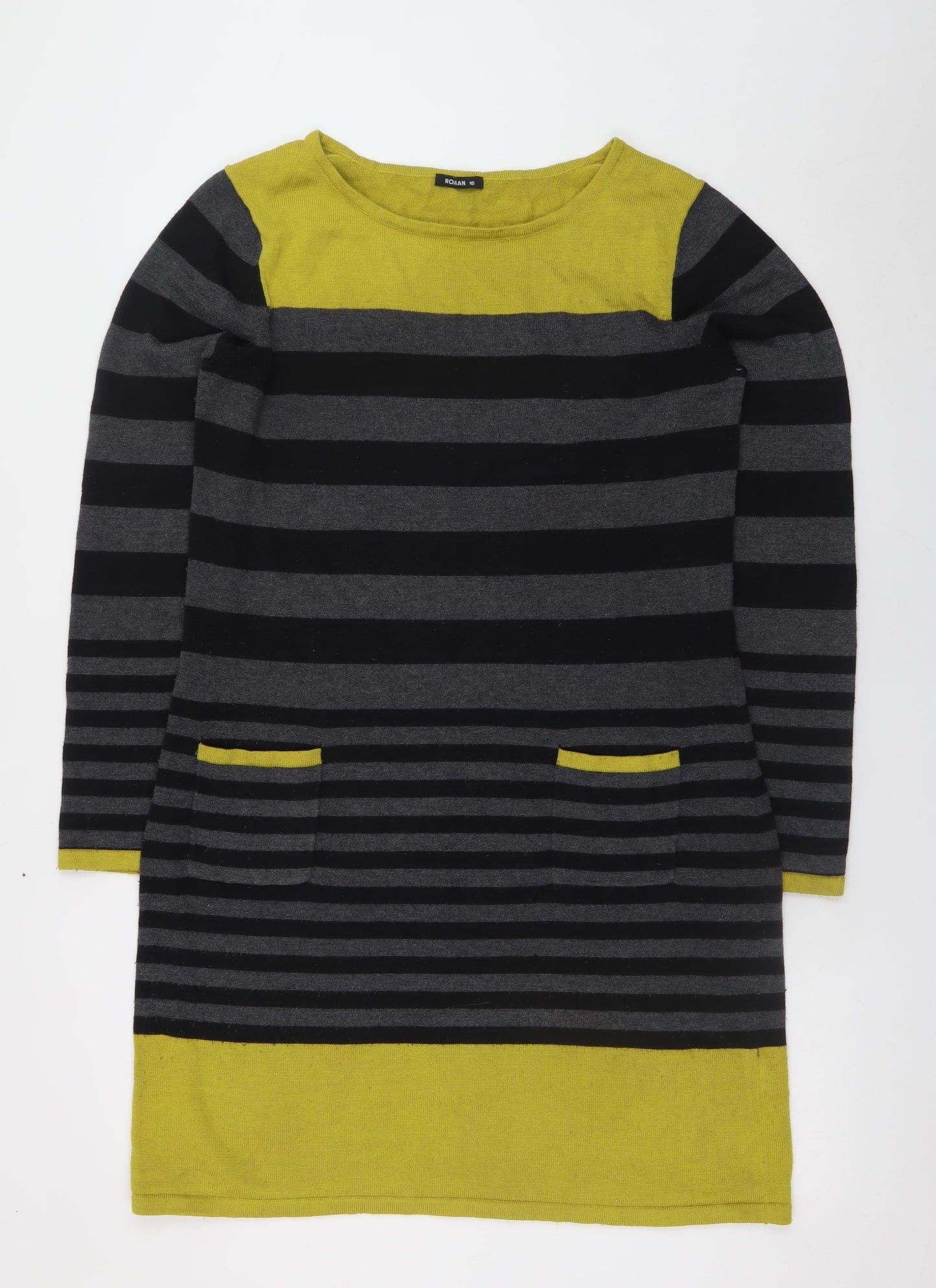 Roman Women’s Black Grey Yellow Striped Shift Knit Dress Size 16