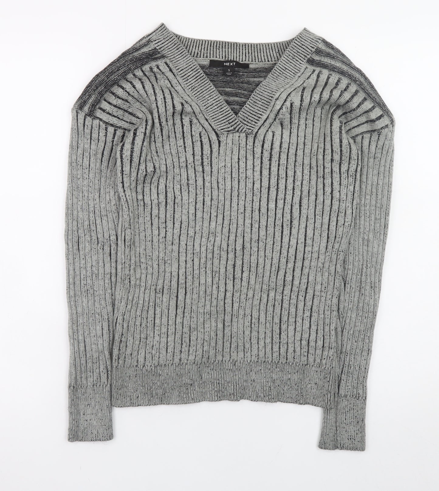 Next Mens Grey Ribbed Knit V-Neck Jumper Size S