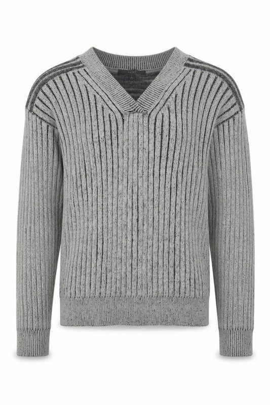 Front view of Next men’s grey ribbed knit v-neck jumper, size S
