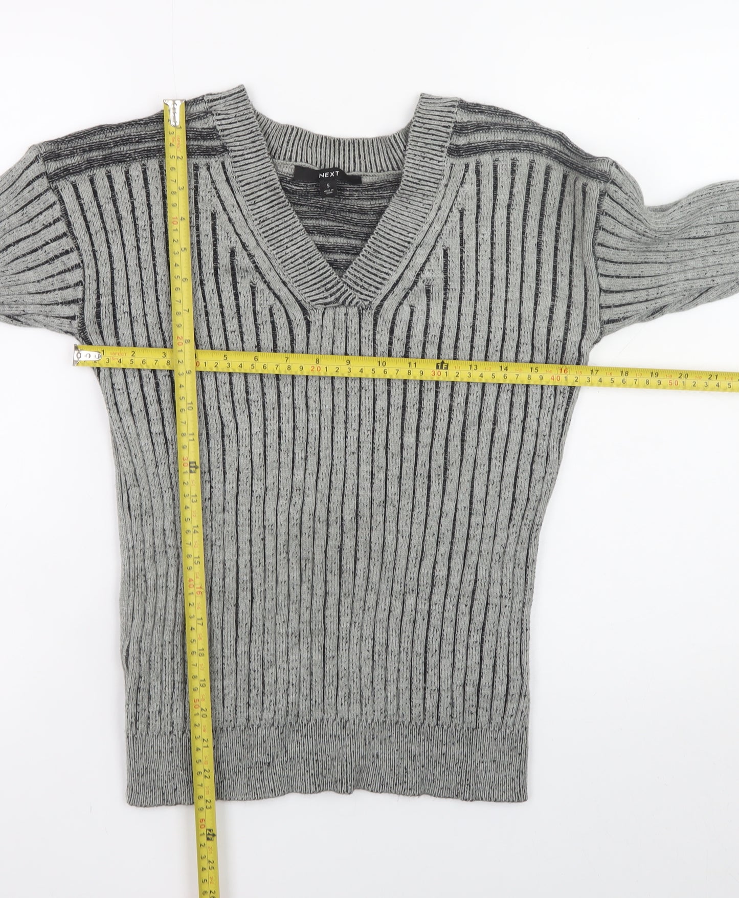 Next Mens Grey Ribbed Knit V-Neck Jumper Size S